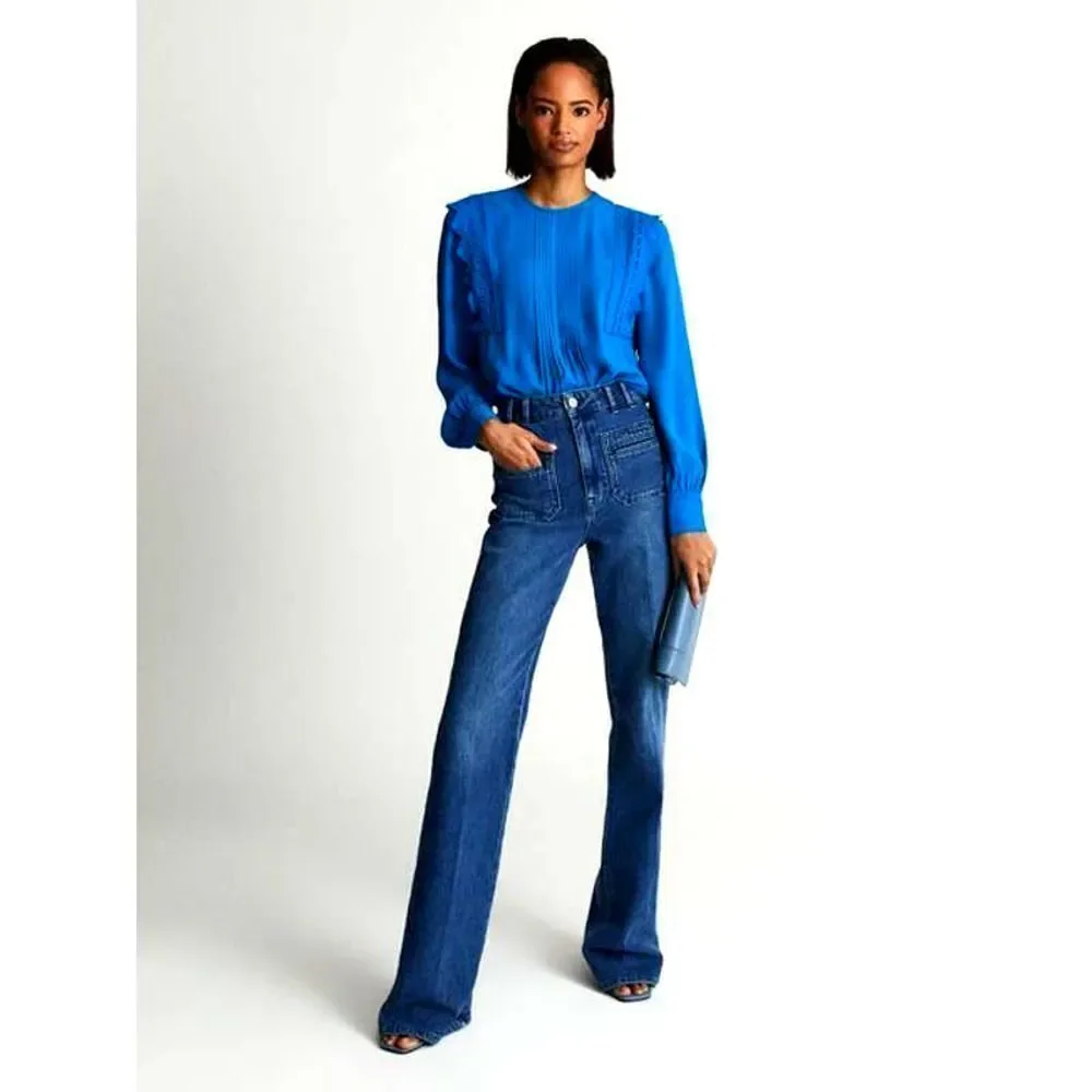 Reiss Bexley‎ Pleated Embroidered ruffle Crepe Blouse top Size 0 blue cerulian - Picture 2 of 12